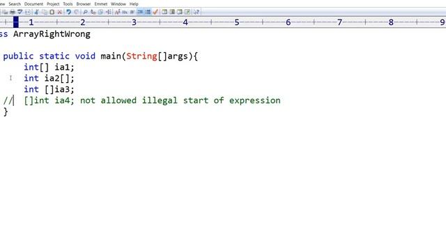 wrong syntax of array creation and array declaration errors