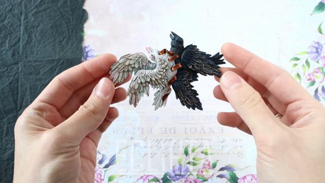 Брошь Дуальность с воронами из полимерной глины. Инь-Янь. Авторская ручная работа ECLIPTA jewelry