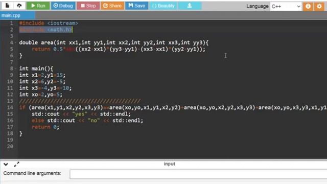 Где находится точка в треугольнике заданном координатами вершин, внутри или вне треугольника. смотреть онлайн