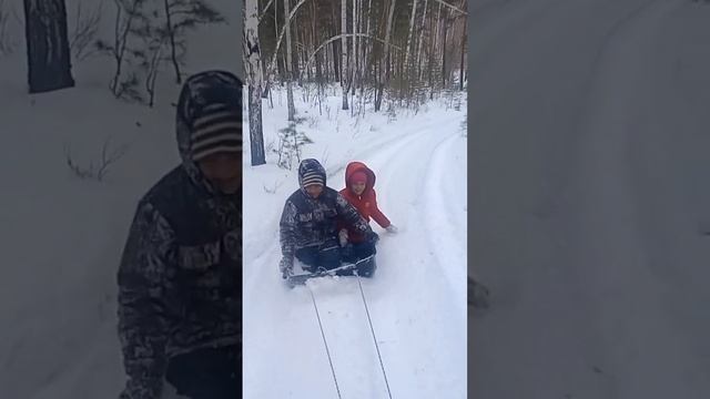 когда забыл снегоход дома. катание на санках.