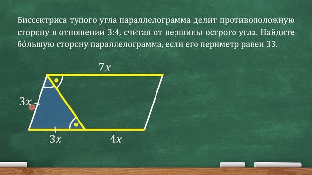 Биссектриса тупого угла параллелограмма делит противоположную сторону в отношении 3:4, считая...