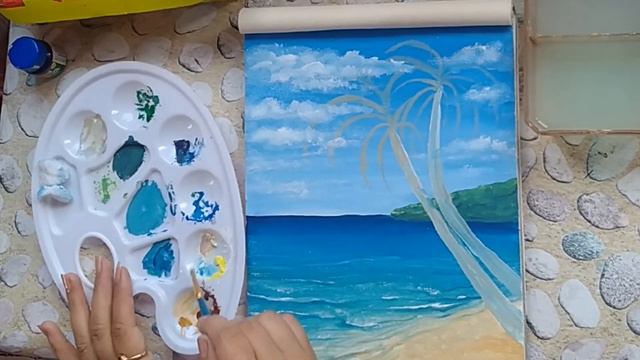 Poster color painting on Canvas#Palm Tree Beach & Ocean painting for Beginners# step by step