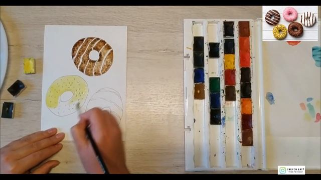 Как нарисовать Пончики акварелью. Уроки рисования. Скетчинг для начинающих.15-ти минутка!