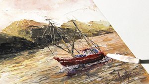 Как нарисовать рыбацкую лодку, закат, море и горы. Картина маслом. Мастихин. Пейзаж.