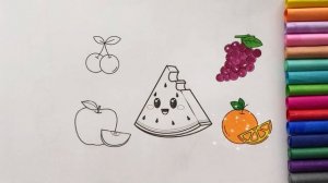 Learn FRUITS | Painting and Colouring for Kids & Toddlers #apple #orange #watermelon #cherry #grape