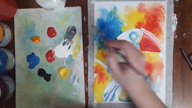 Как нарисовать лето. Нарисуем яркую картину. Яркая птица гуашью.  Правополушарное рисование.