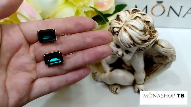 MONASHOP - Серьги Изумрудный цвет с прямоугольными кристаллами Сваровски