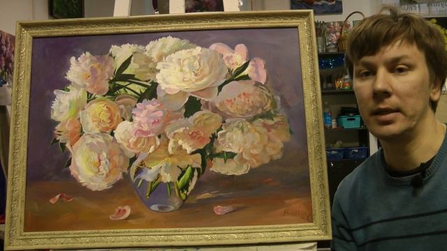 Картина белые пионы в вазе. Уроки живописи маслом с нуля спб