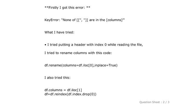 Pandas : KeyError: "None of [['', '']] are in the [columns]" pandas python