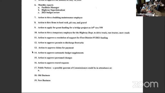 Codington County Commissioners’ Meeting 20200721