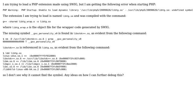 Undefined symbol when loading php extension made with SWIG смотреть онлайн