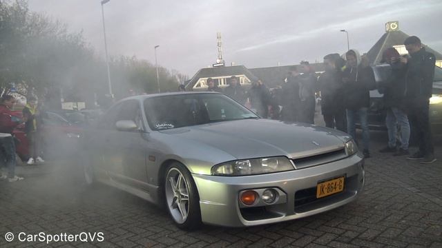Nissan Skyline R33 GTS-T - INSANE Burnouts on a parking lot during a meet + police смотреть онлайн