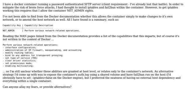 Does Docker's CAP_NET_ADMIN allow a container to affect the host network, or only it's own? смотреть онлайн